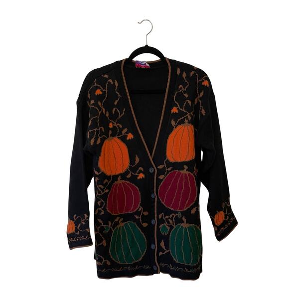 90s Vintage XL long sleeve fall cardigan pumpkins knit button up cozy black - Picture 1 of 8
